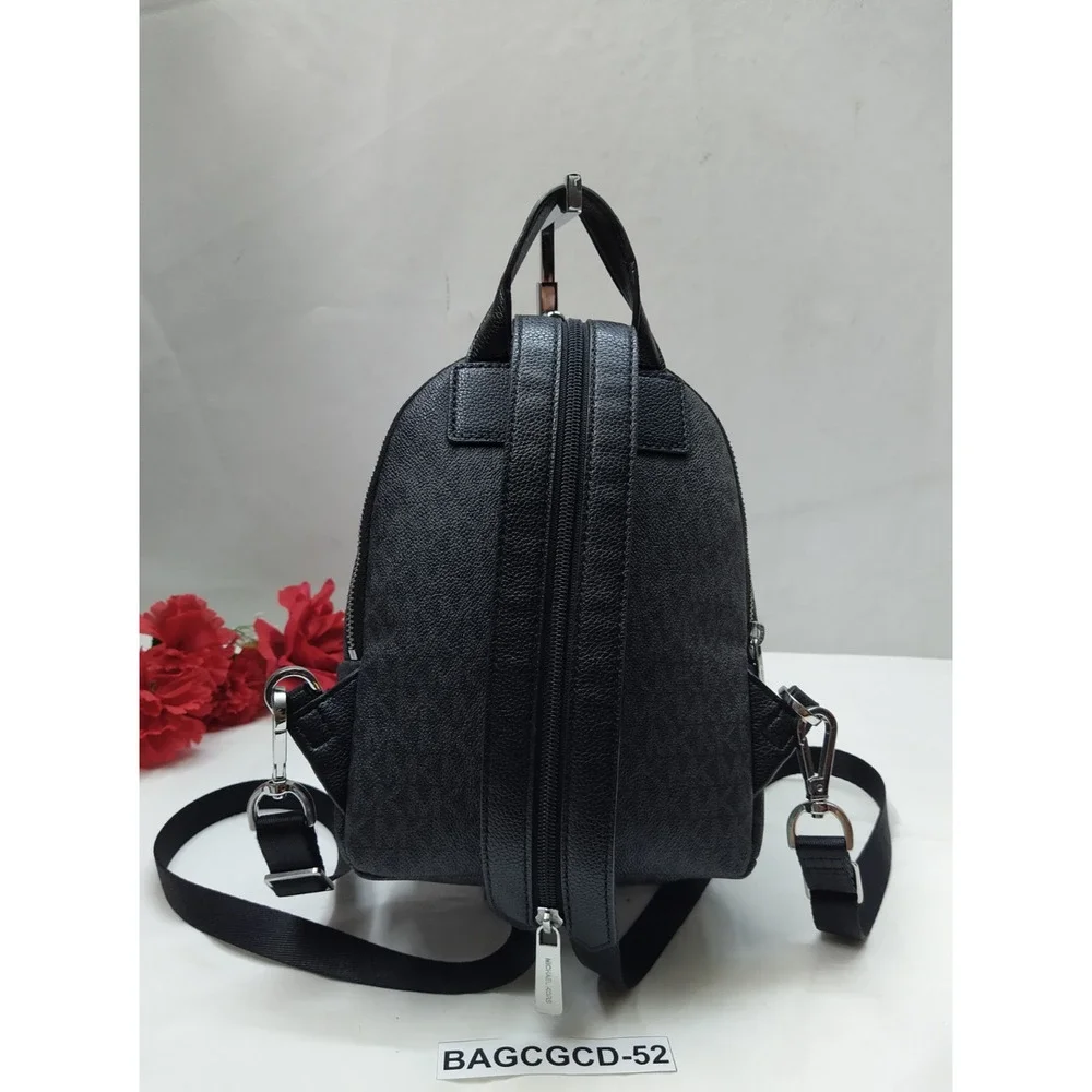 Michael Kors Black Leather MK Printed Zipper Closure Top Handles Backpack